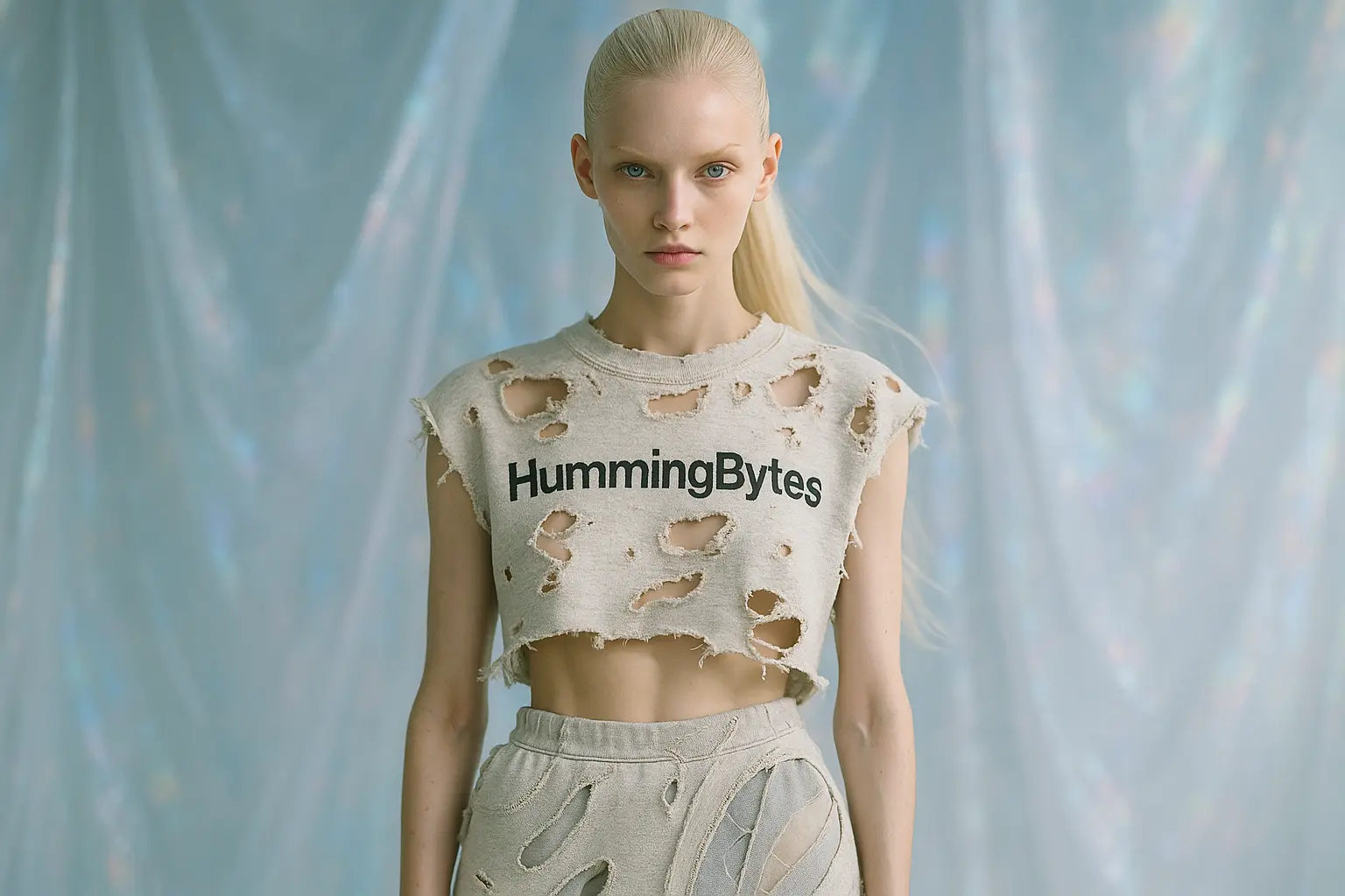 Photo of a woman wearing a HummingBytes-branded outfit