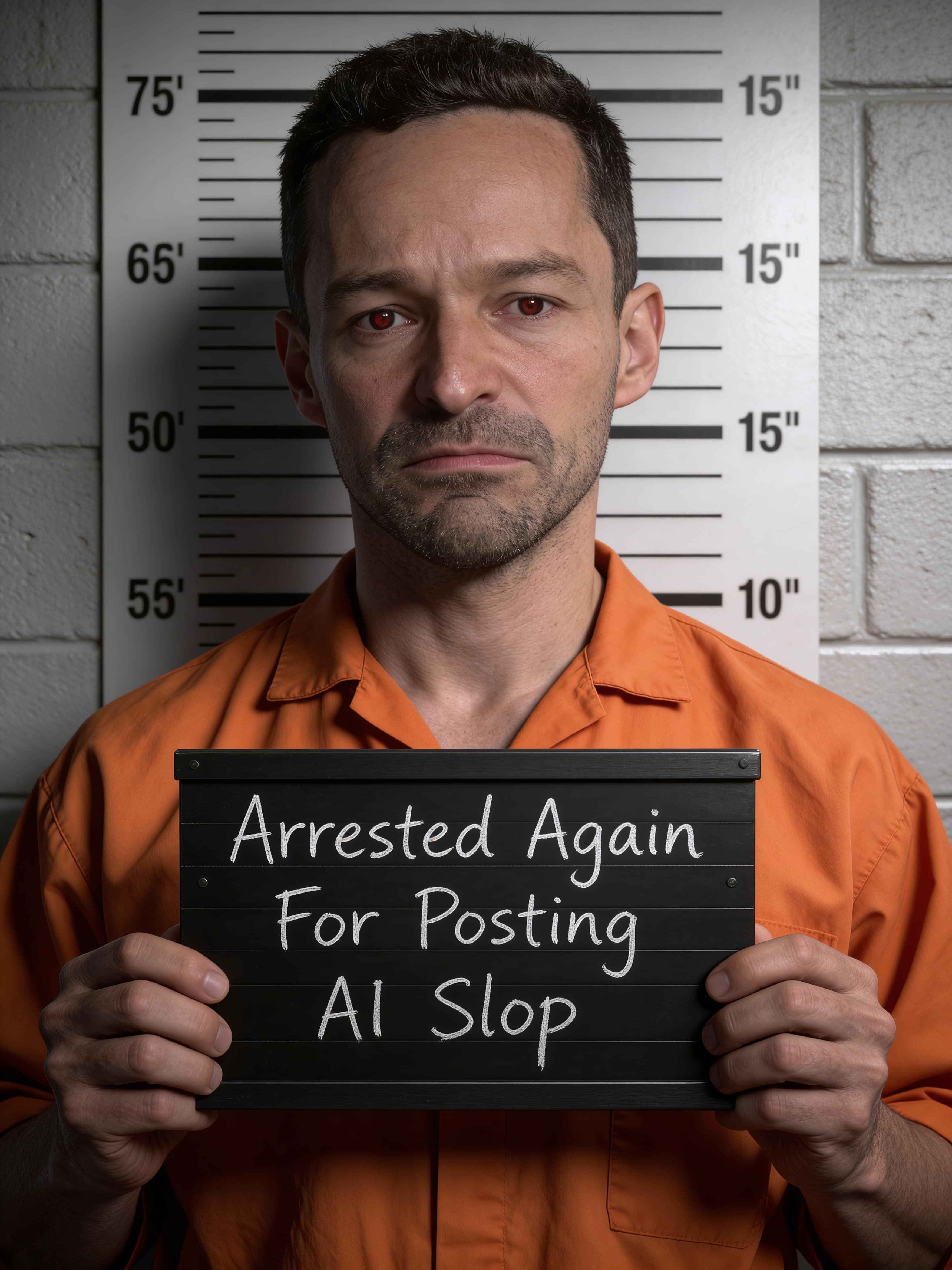 Example: hyper-realistic police mugshot with booking placard
