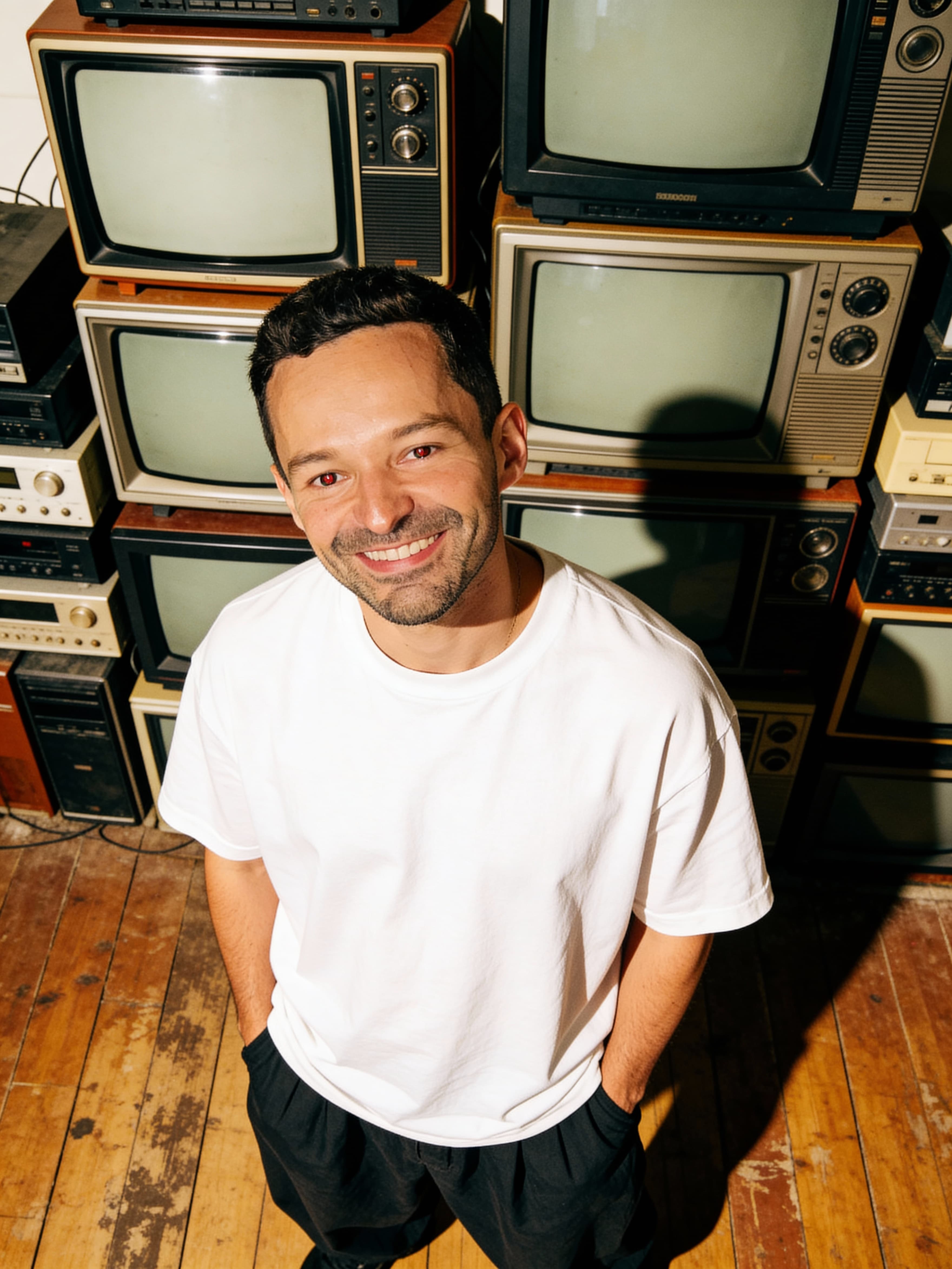 Example: urban portrait with stacked CRT televisions