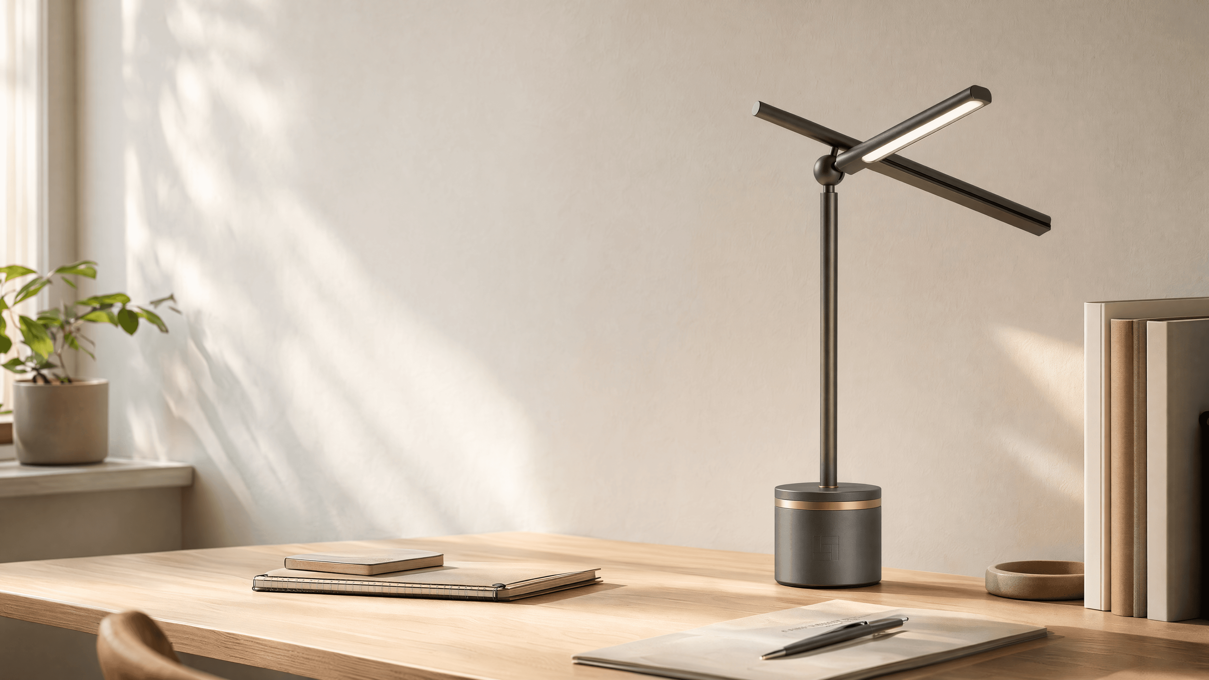 AI-generated magnetic desk lamp on a sunlit home-office desk