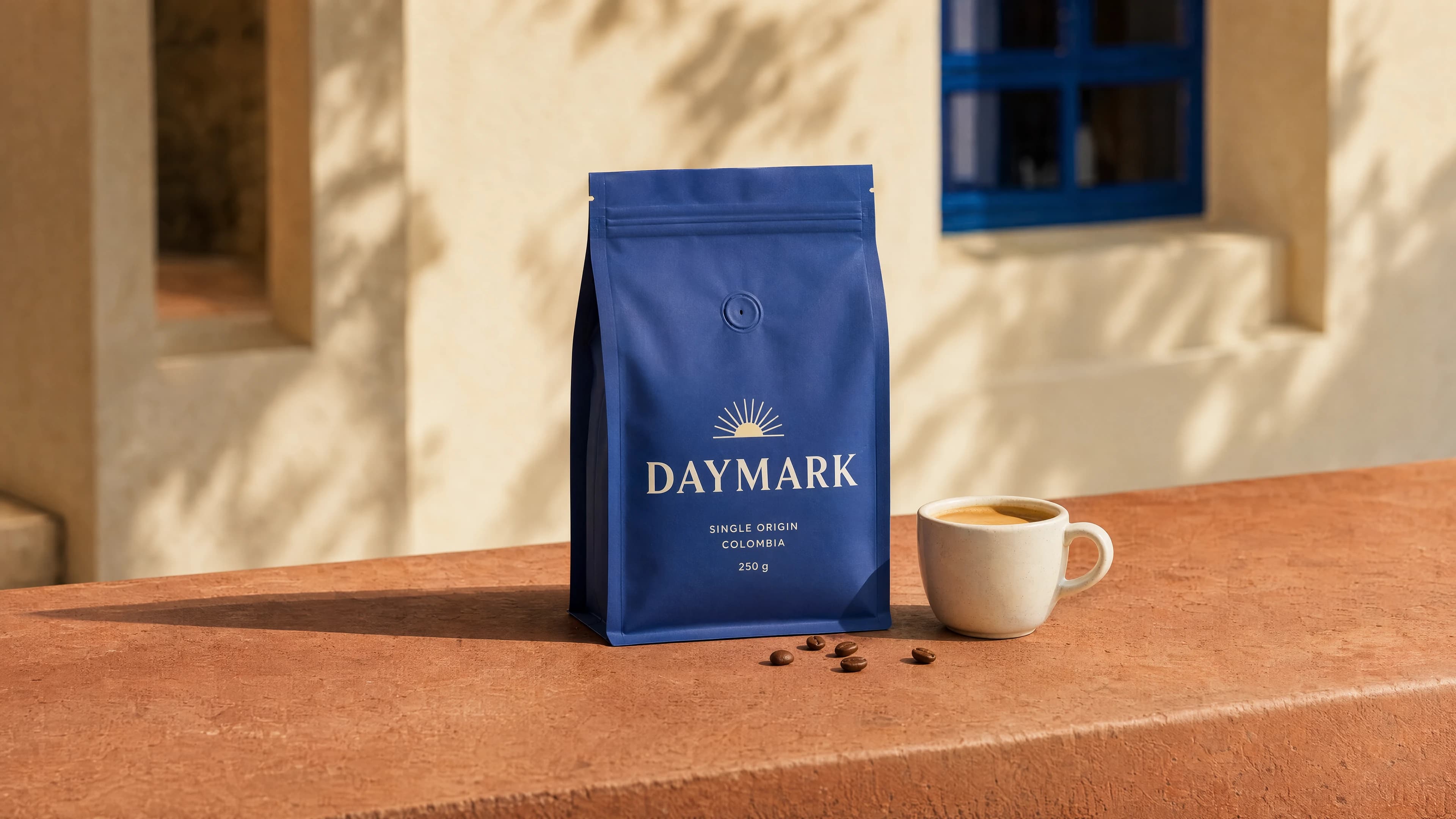 AI-generated blue DAYMARK coffee pouch and ivory espresso cup on a sunlit terracotta café counter