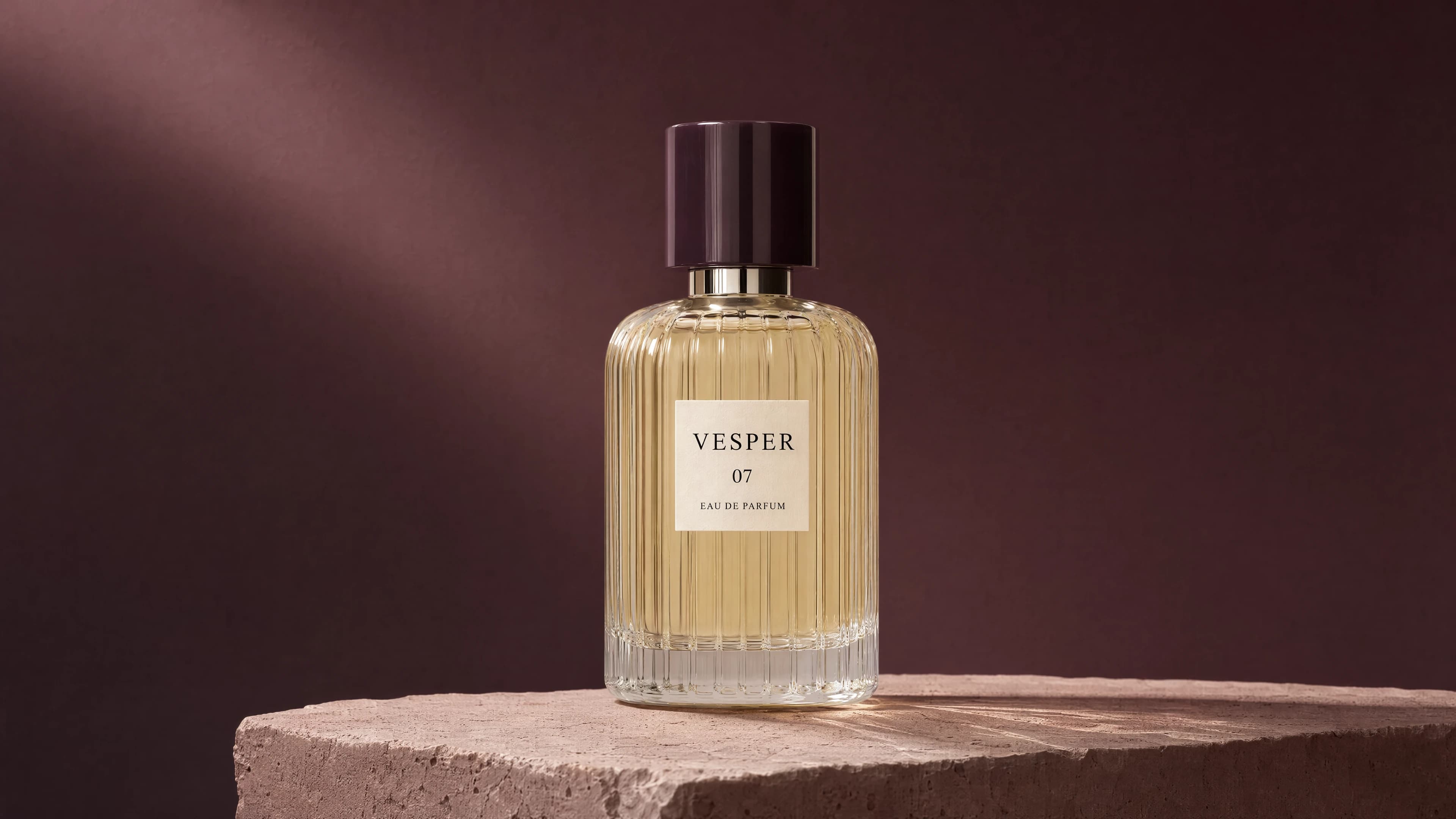 AI-generated VESPER 07 perfume on rose limestone against a plum backdrop, created from the reference bottle
