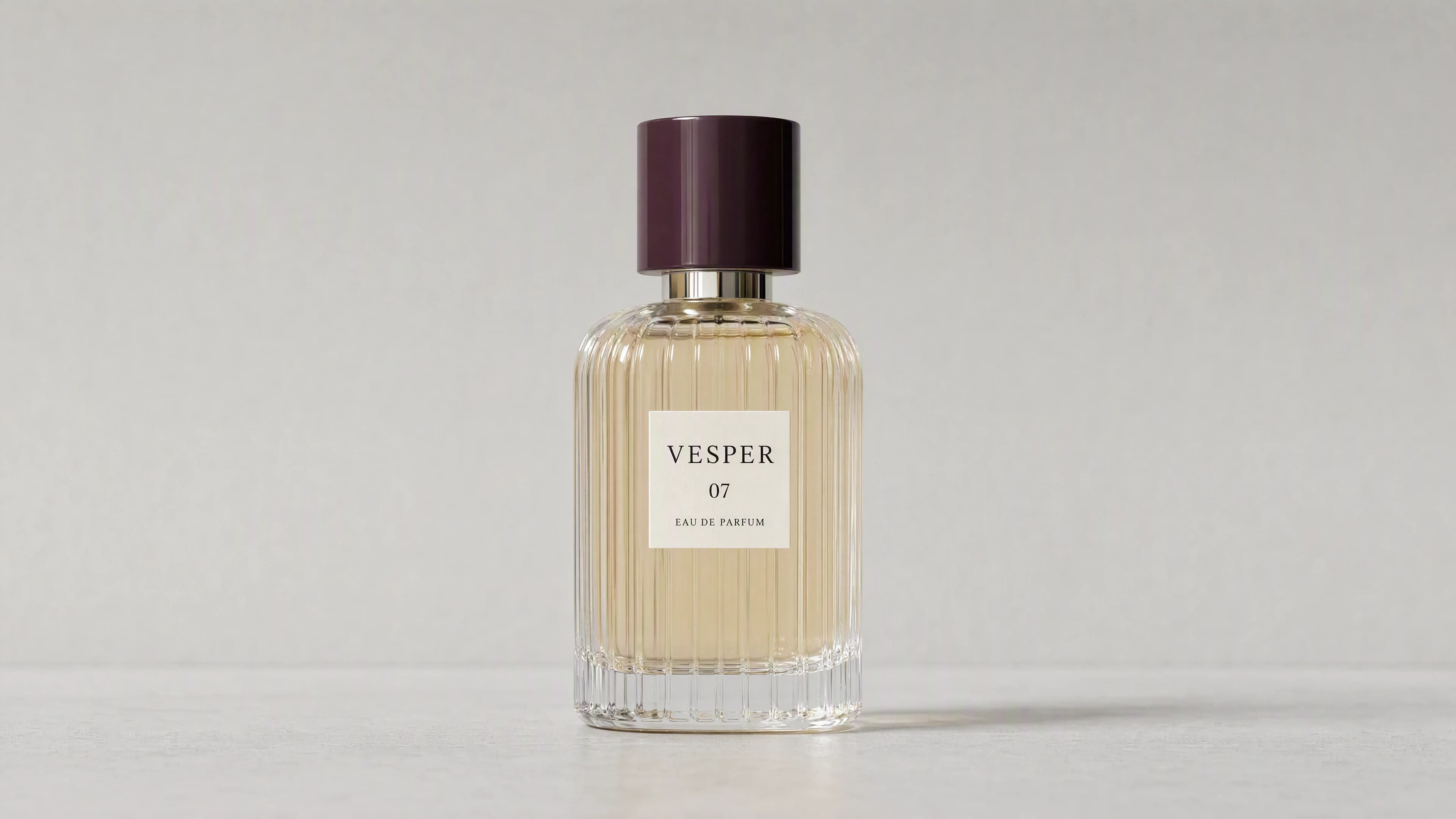AI-generated reference image of a VESPER 07 perfume bottle on a plain gray tabletop