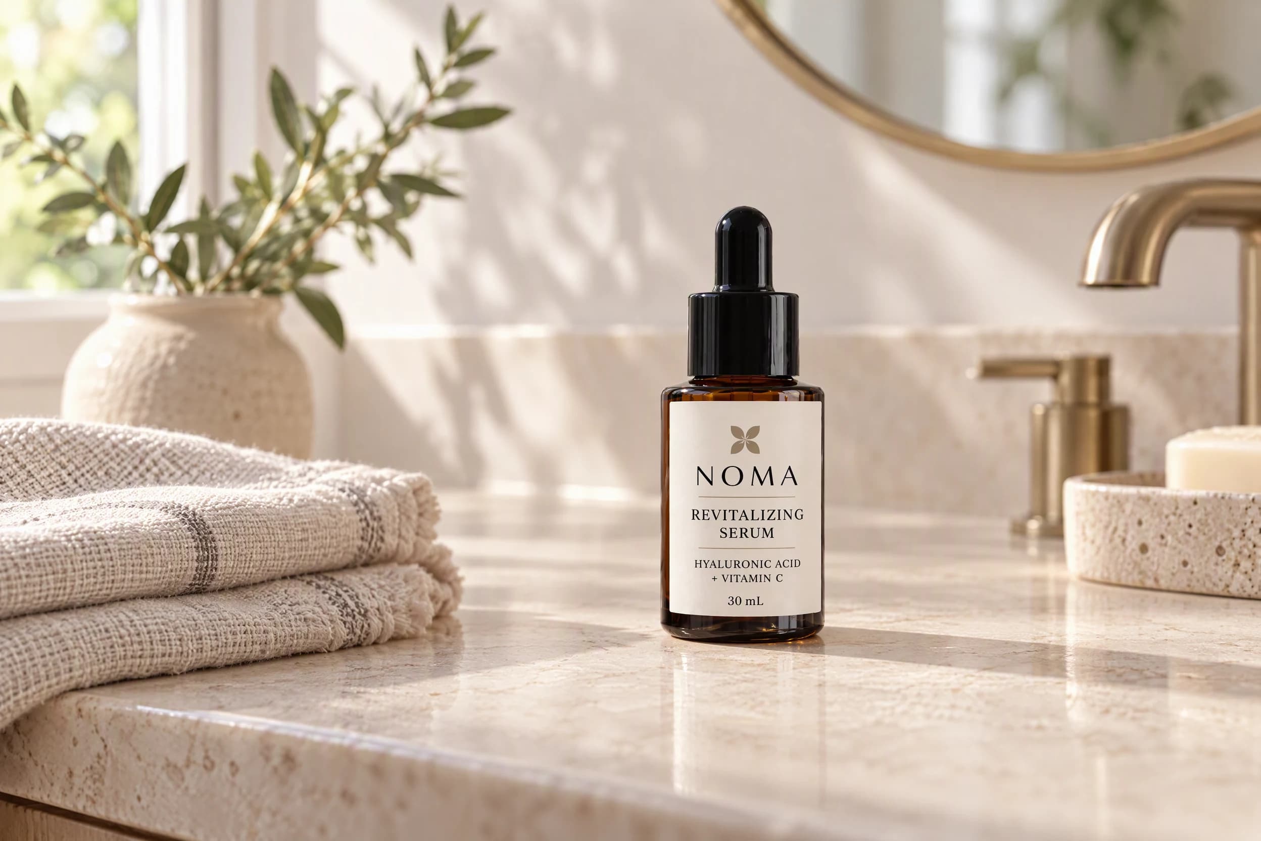 NOMA serum generated in HummingBytes on a warm bathroom counter beside folded linen